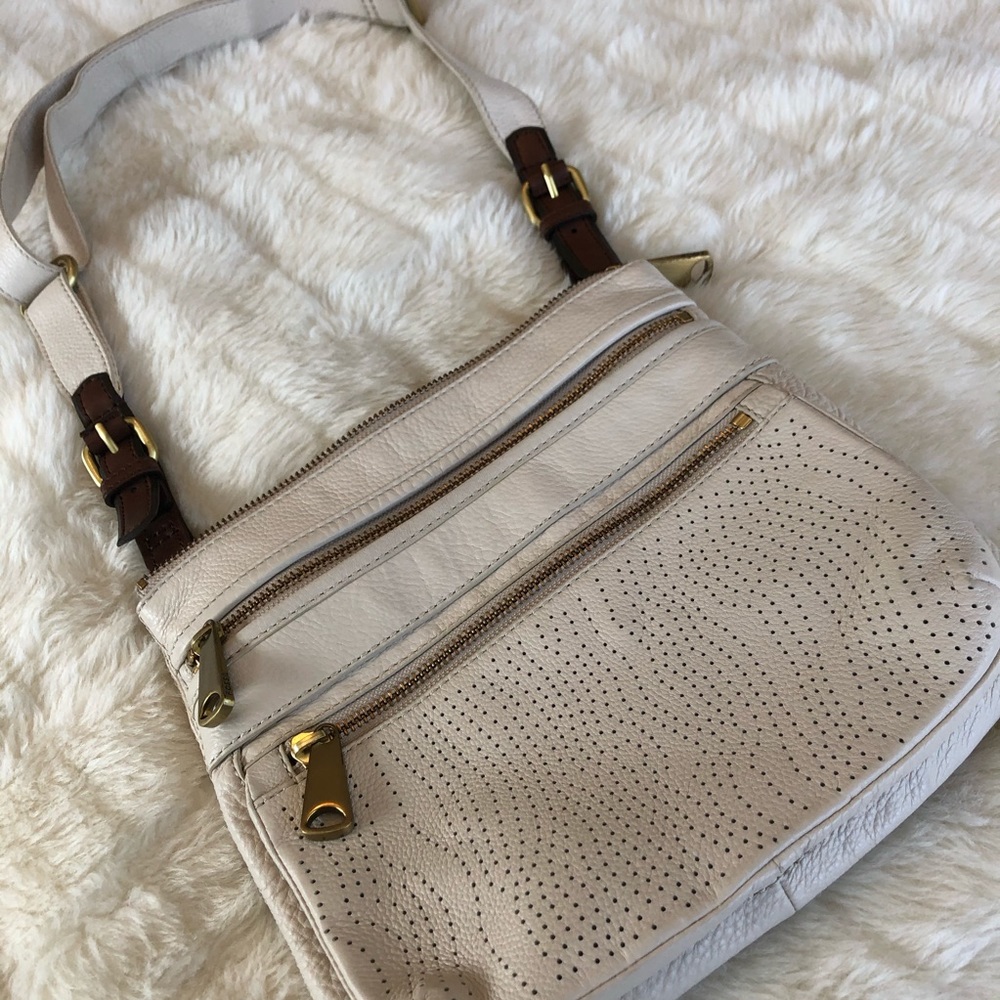 Fossil Cream Perforated Leather Crossbody Bag with Brown Accents